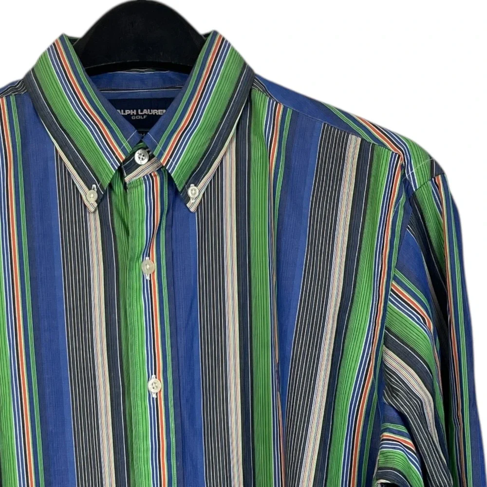 VTG Ralph Lauren Golf Polo Cotton Long Sleeve Button Down‎ Mens L Striped Blue
